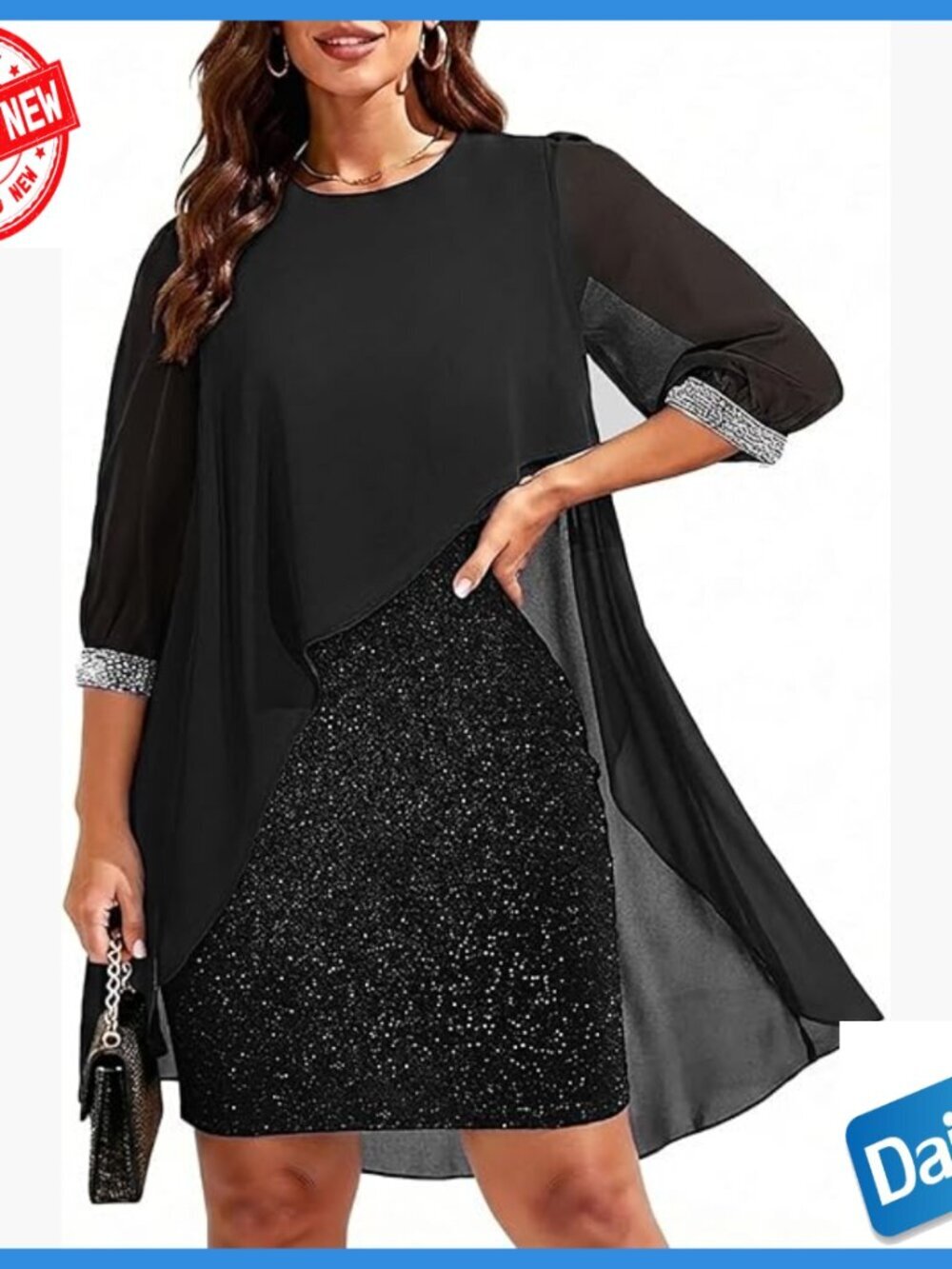 Plus Size Formal Dress with Chiffon Cape 3/4 Sleeves Glitter Evening Party